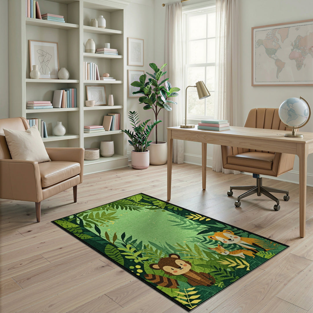 Forest Friends Kids Cartoon Green Area Rug