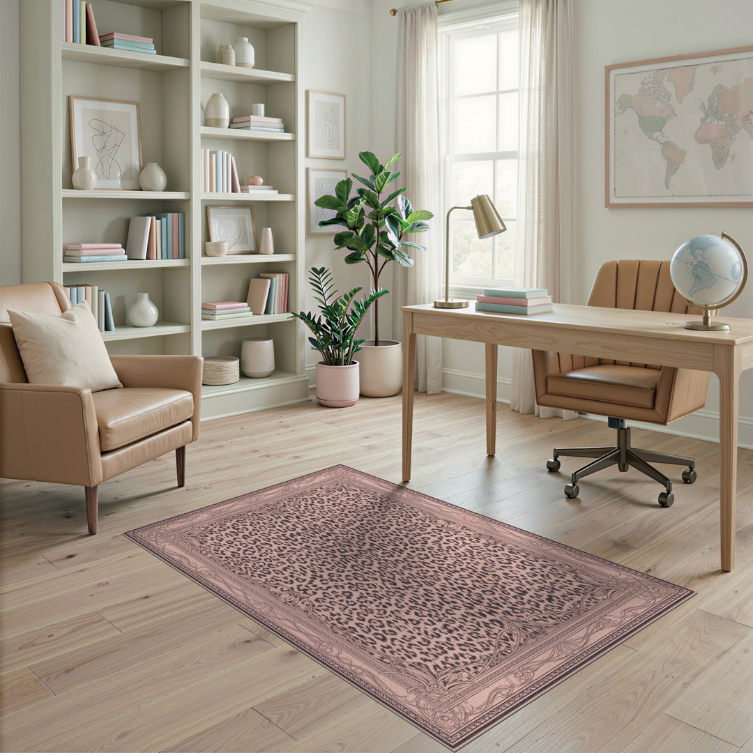 Pink Leopard Area Rug with Ornate Border