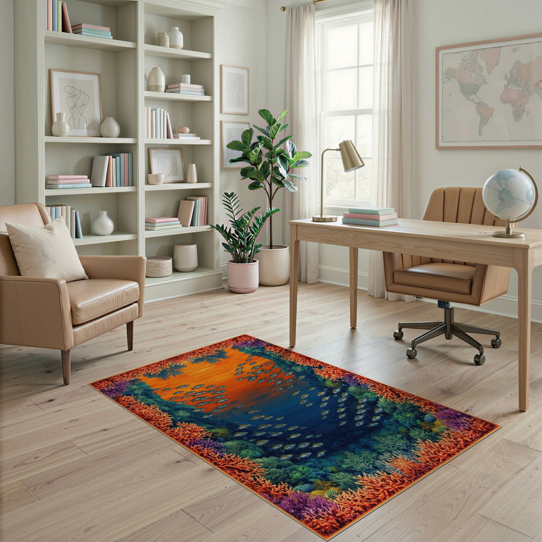 Coastal Beach Multi-color and Patterns Vibrant Coral Reef Fish Area Rug