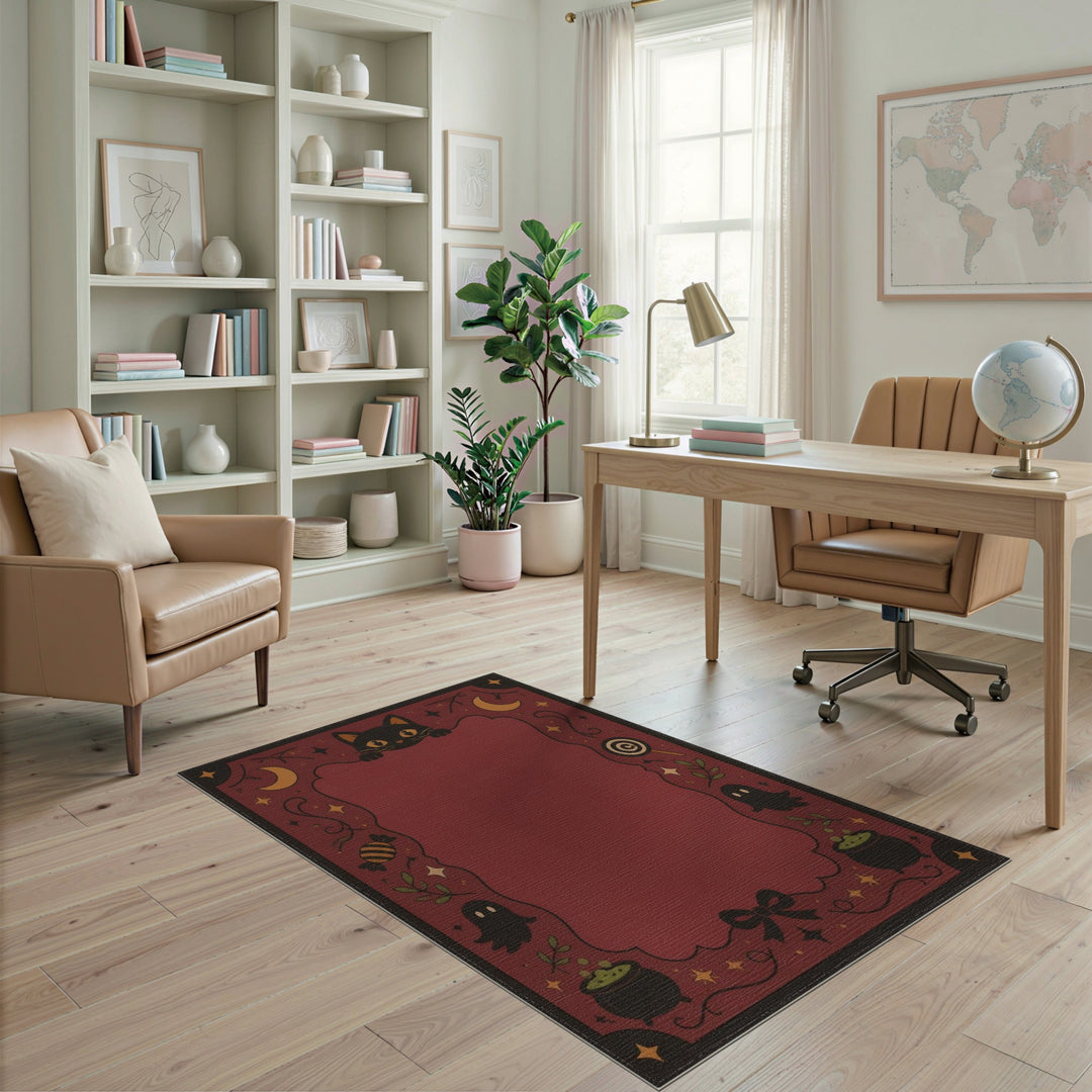 Halloween Black Cat Red Washable Area Rug
