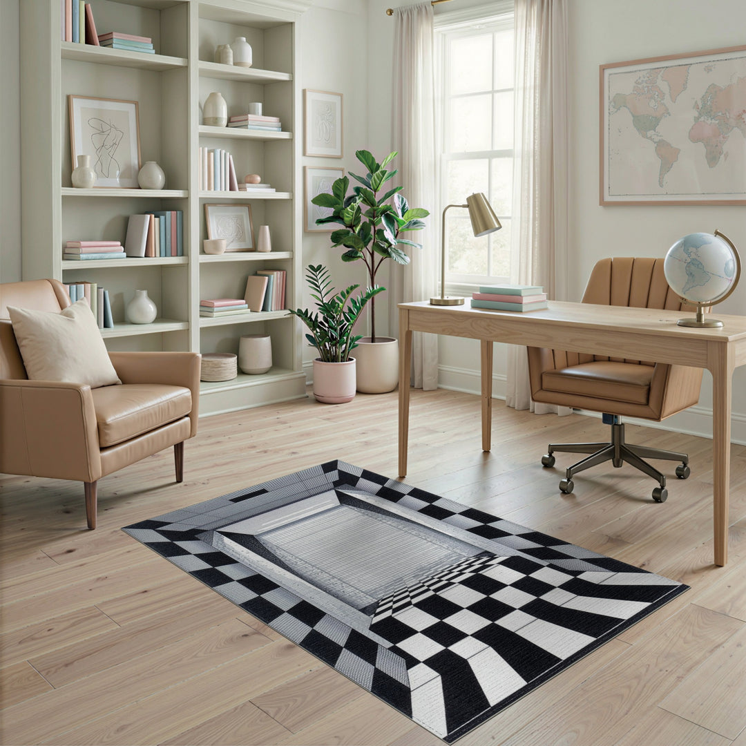 Black White Checkered Perspective Area Rug