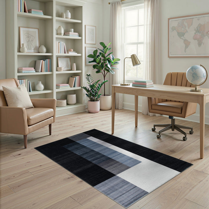 Black White Blue Geometric Area Rug