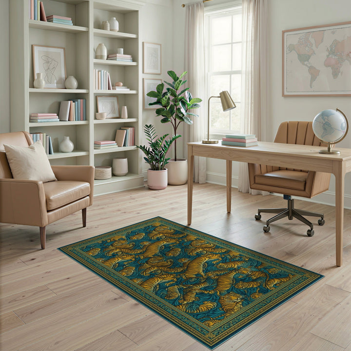 Blue Teal Tiger Wave Area Rug