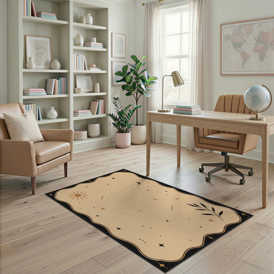 Celestial Beige Boho Area Rug with Sun Moon Stars