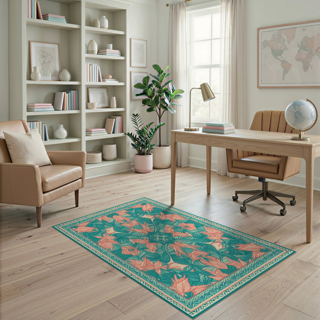 Teal Coral Leaf Botanical Area Rug