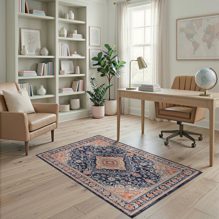 Navy Blue Distressed Vintage Medallion Area Rug