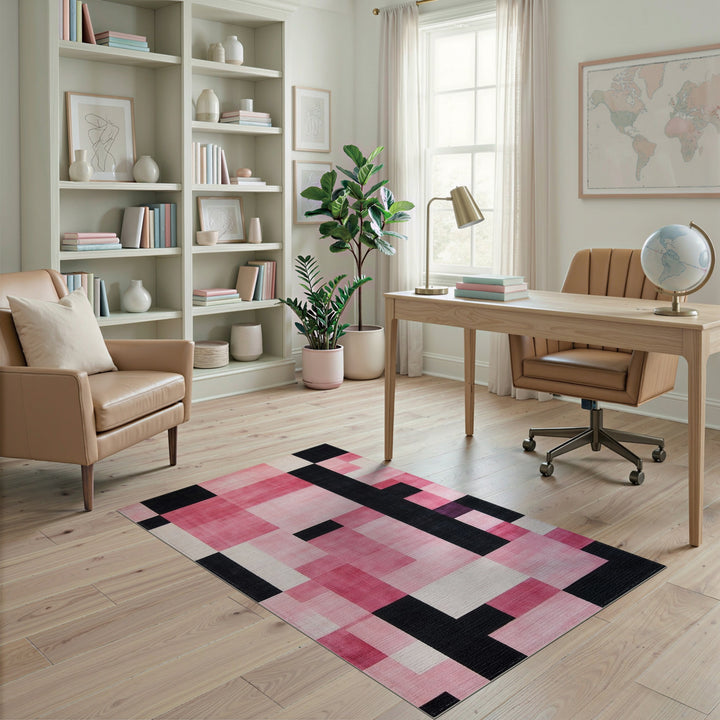 Pink Black Geometric Area Rug