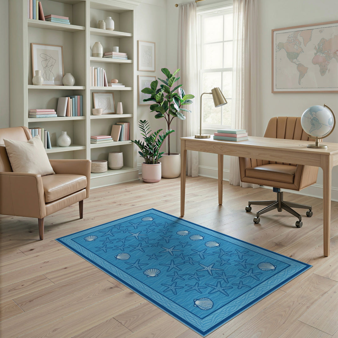 Blue Coastal Starfish and Seashell Area Rug