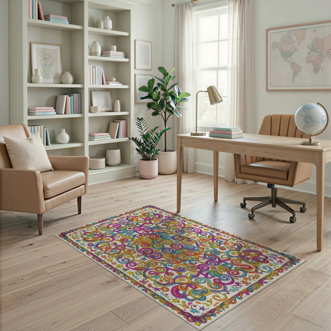 Vibrant Rainbow Swirl Stars Area Rug
