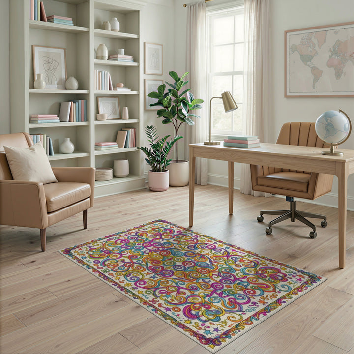Vibrant Rainbow Swirl Stars Area Rug