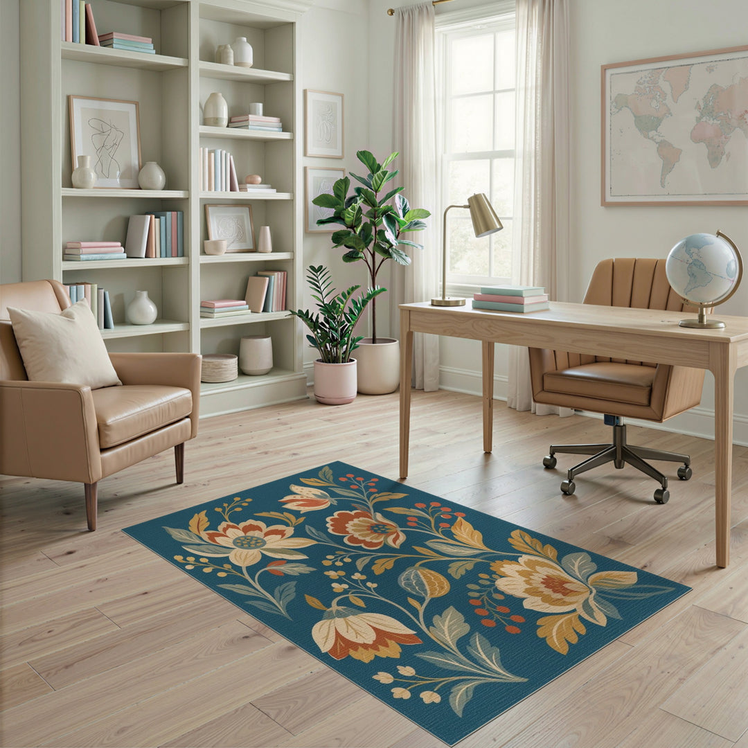 Vintage Floral Teal Washable Area Rug