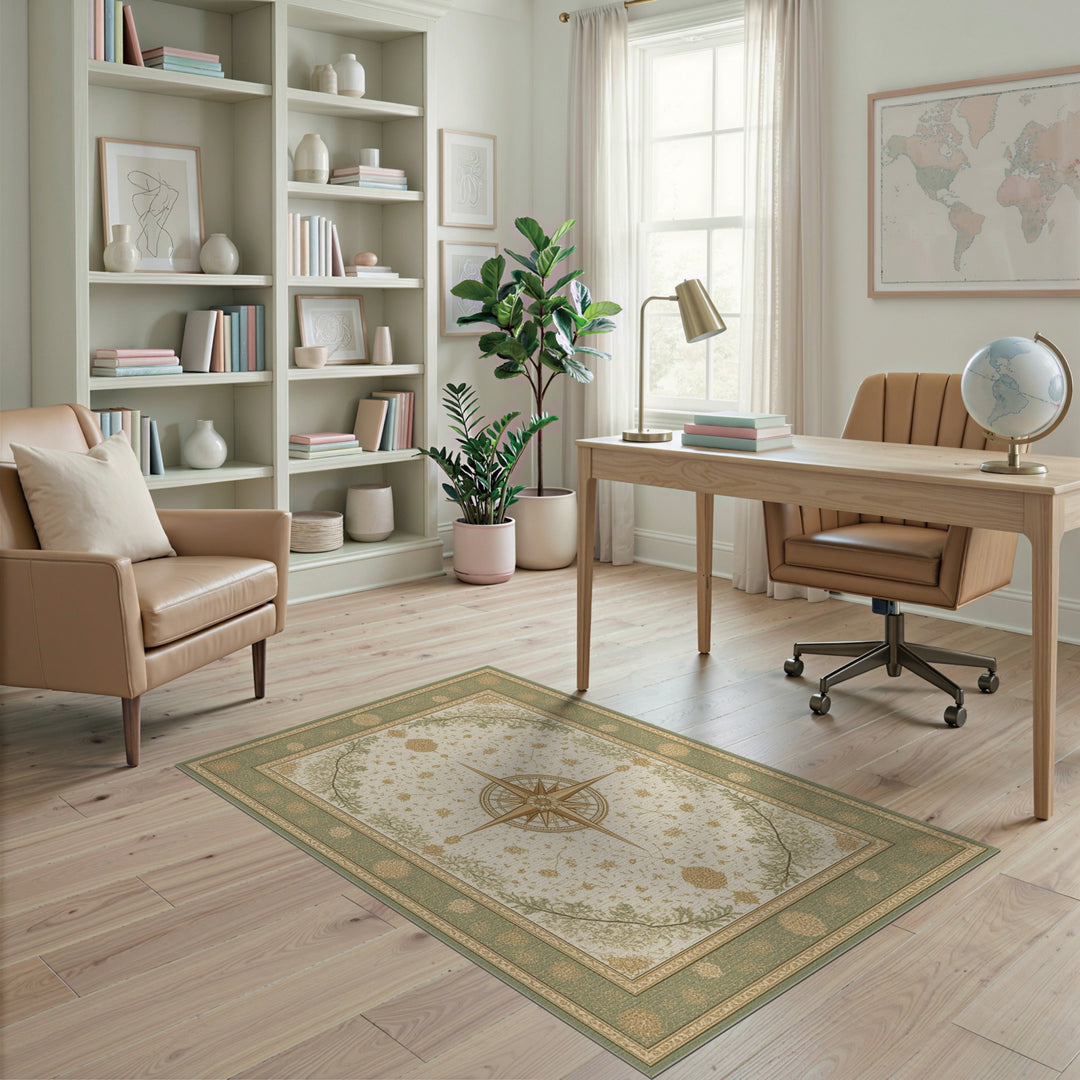 Floral Vintage Green Vintage Floral Compass Area Rug