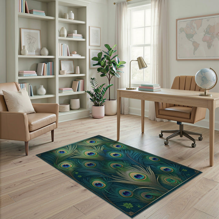 Boho Chic Peacock Feather Blue Teal Washable Area Rug