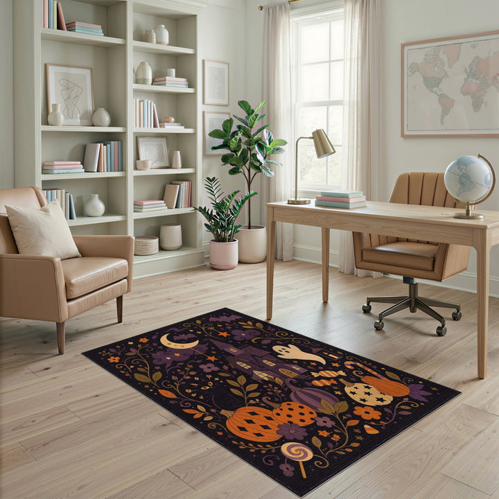 Multi-color and Patterns Kids Cartoon Spooky Halloween Haunted House Area Rug