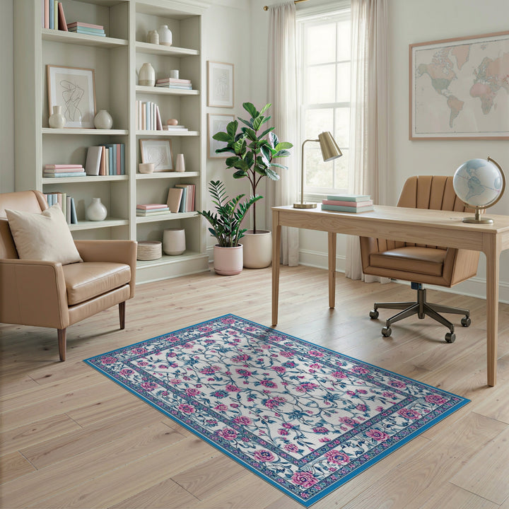 Blue and Teal Blue Pink Floral Vintage Area Rug