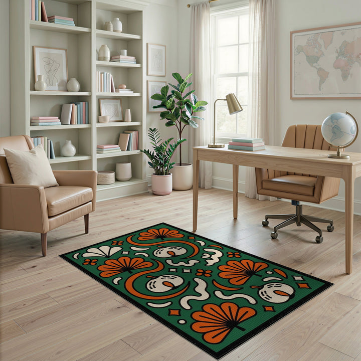 Green Floral Swirl Area Rug