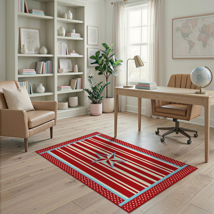 Red Striped Star Washable Area Rug