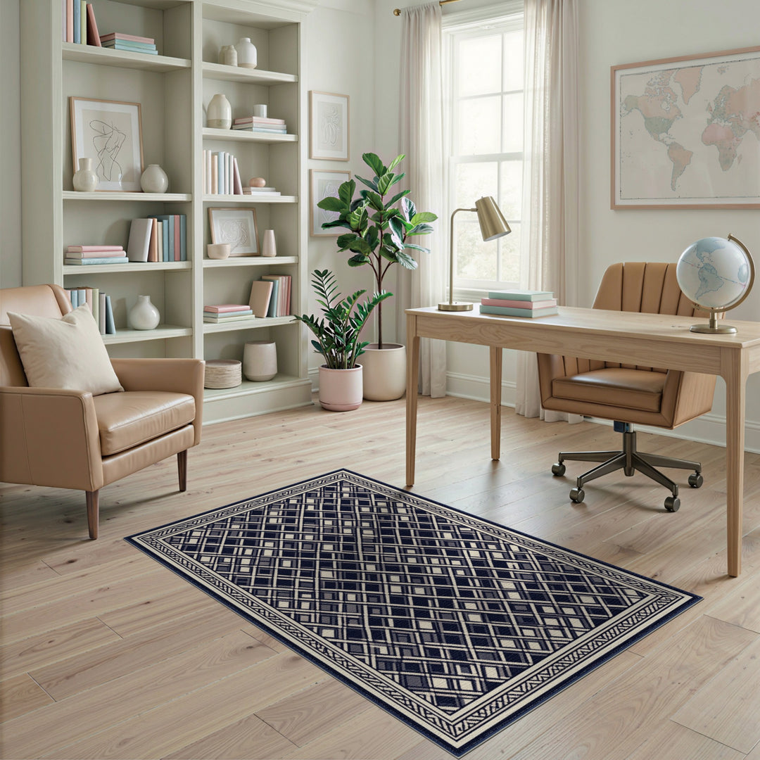 Navy Geometric Plaid Washable Area Rug