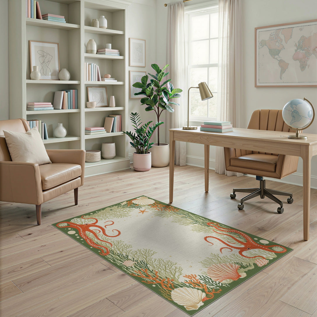 Red Octopus Coastal Green Area Rug