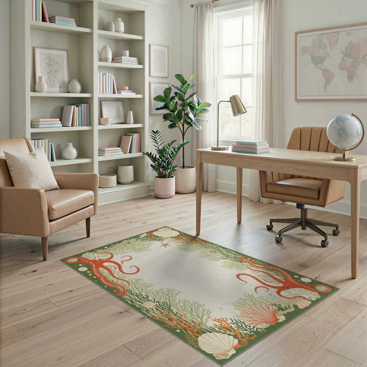 Red Octopus Coastal Green Area Rug
