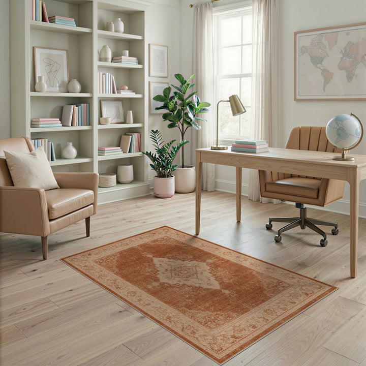 Distressed Vintage Medallion Area Rug in Brown Tan
