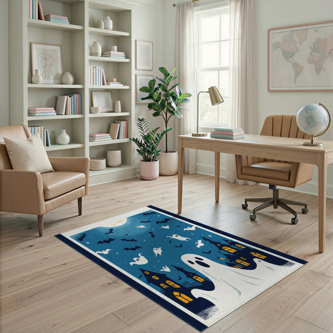 Halloween Ghosts and Bats Blue Area Rug