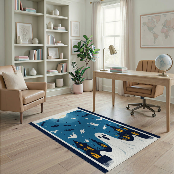 Halloween Ghosts and Bats Blue Area Rug