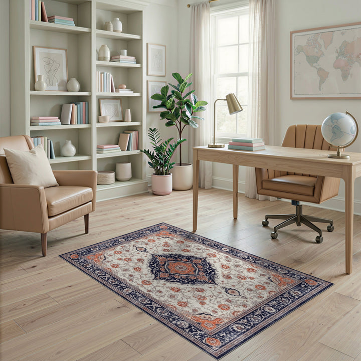 Navy Blue Floral Persian Area Rug