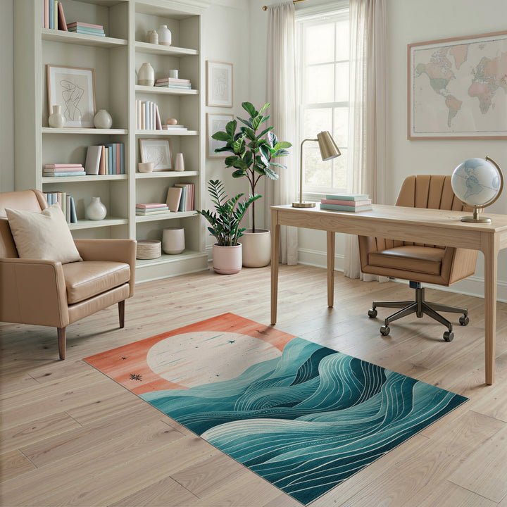 Teal Coastal Sunset Wave Area Rug