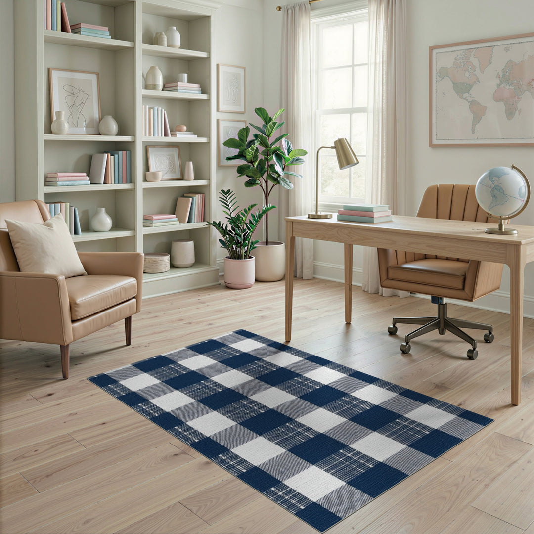 Blue and Teal Navy Checkered Washable Area Rug