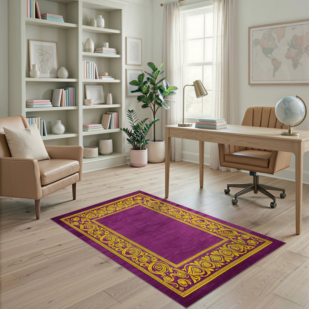 Purple Floral Vintage Area Rug with Yellow Border