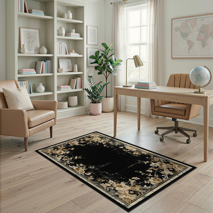 Distressed Floral Black Area Rug