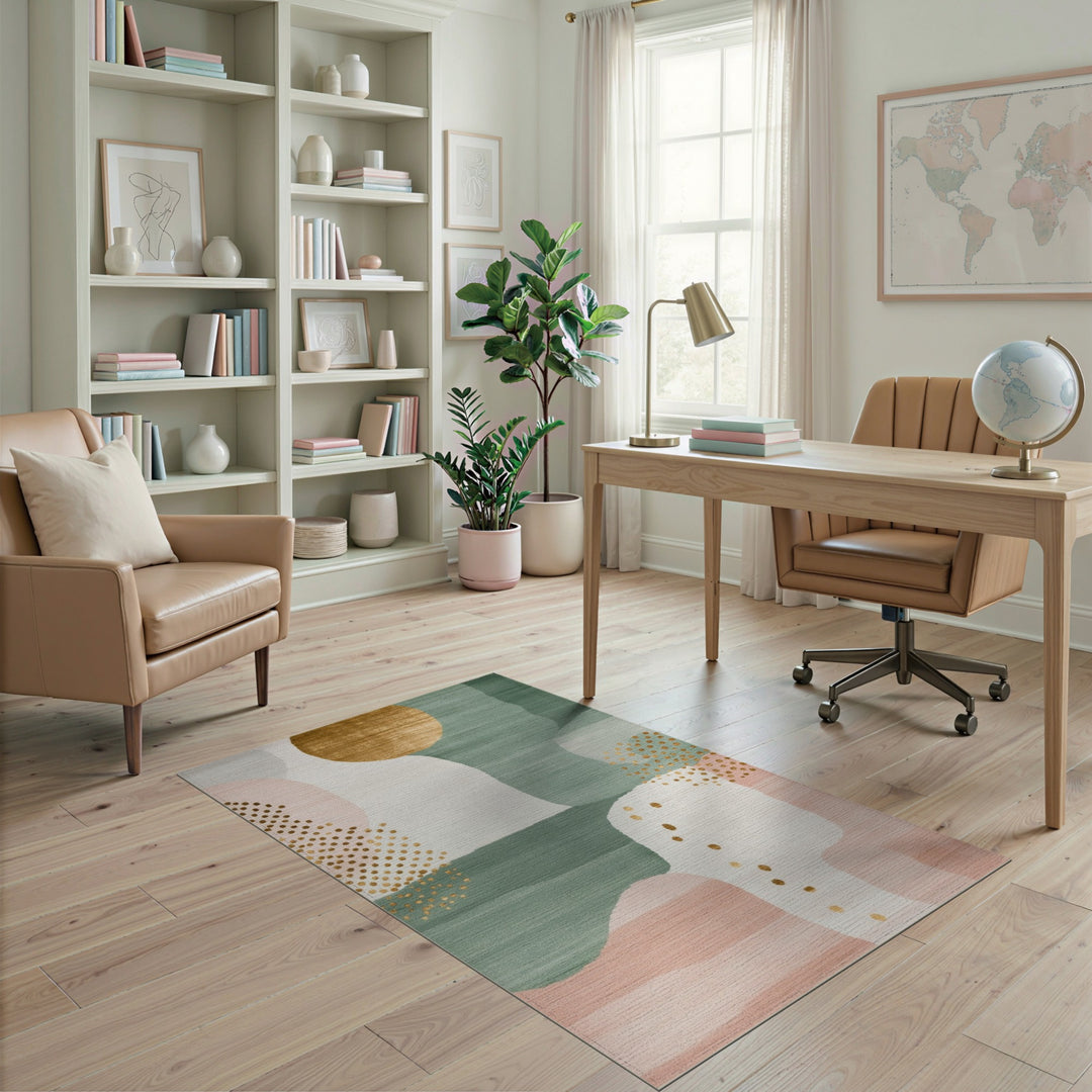 Abstract Teal Pink Gold Dot Area Rug