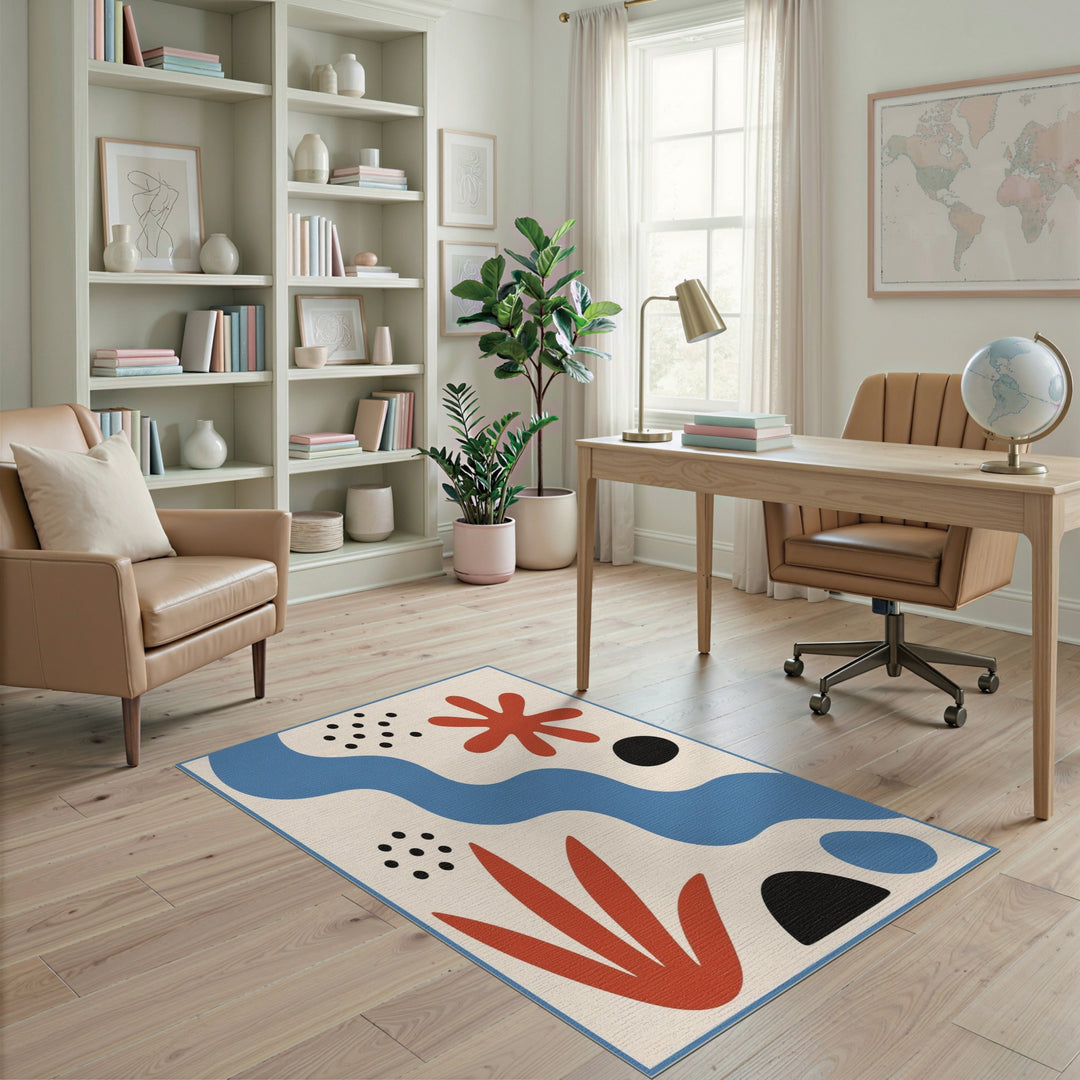 Blue Abstract Area Rug with Red Accents