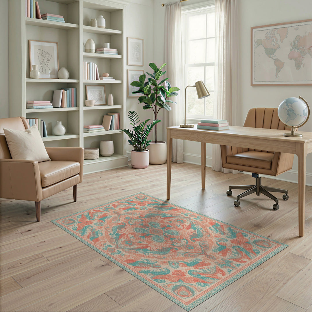 Blue and Teal Coral Traditional Persian Area Rug