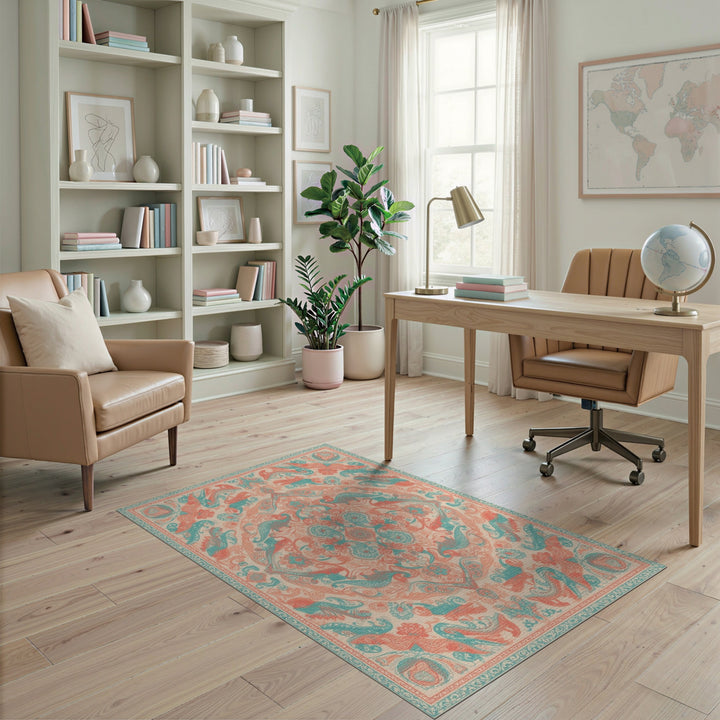 Blue and Teal Coral Traditional Persian Area Rug