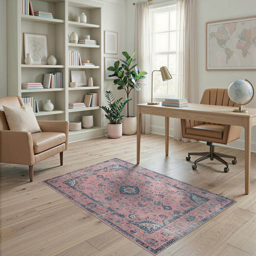 Pink Distressed Vintage Floral Area Rug