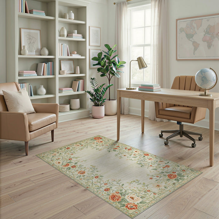 Vintage Floral Rose Area Rug in Soft Green