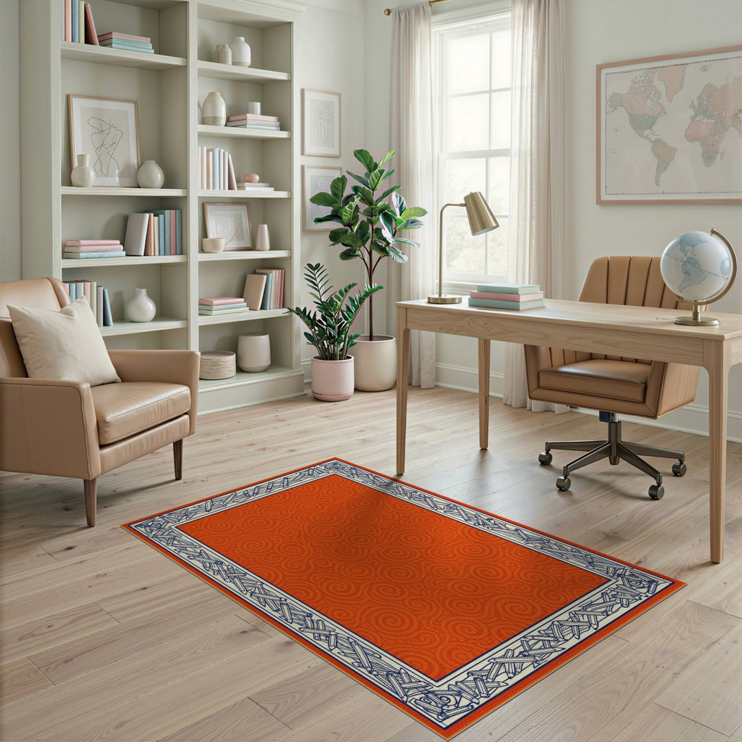 Orange Swirl Pencil Border Kids Area Rug