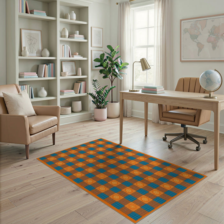 ODIKA Orange Checkered Floral Area Rug