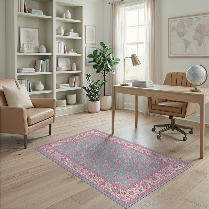 Blue Pink Floral Vintage Area Rug