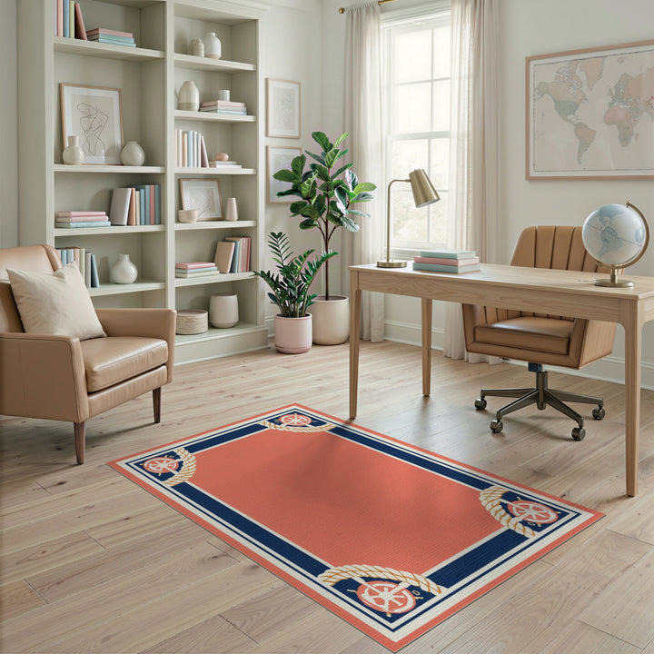 Nautical Coral Ship Wheel Area Rug