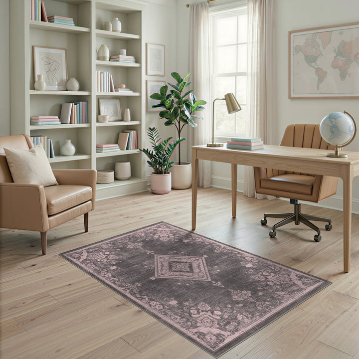 Grey Distressed Vintage Floral Diamond Area Rug