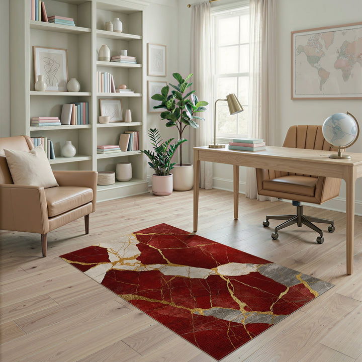 Red Marble Gold Vein Red Area Rug