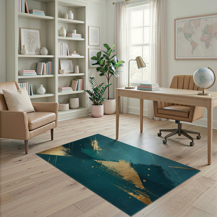 Blue and Teal Gold Abstract Area Rug