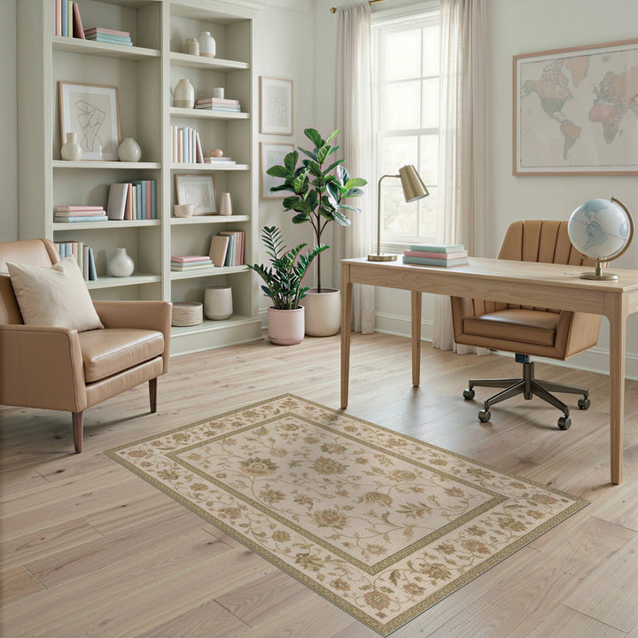 Floral Vintage Beige Area Rug with Green Accents
