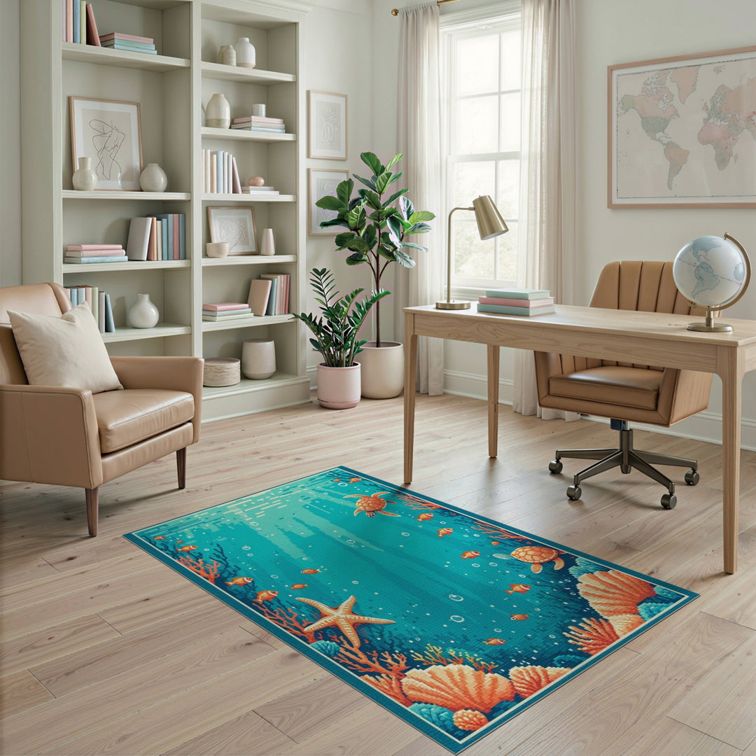 Sea Turtle Blue Teal Washable Area Rug