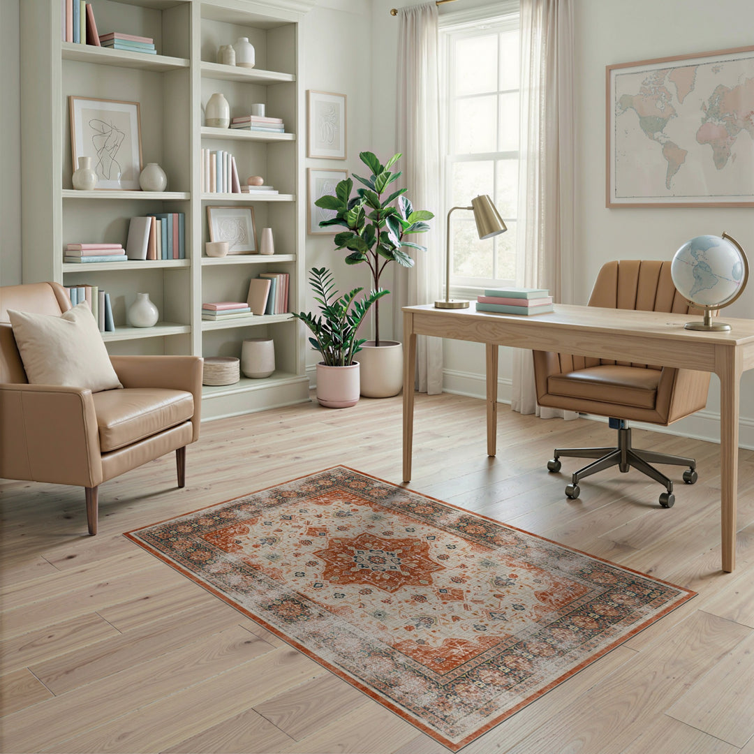 Orange Distressed Persian Medallion Rug