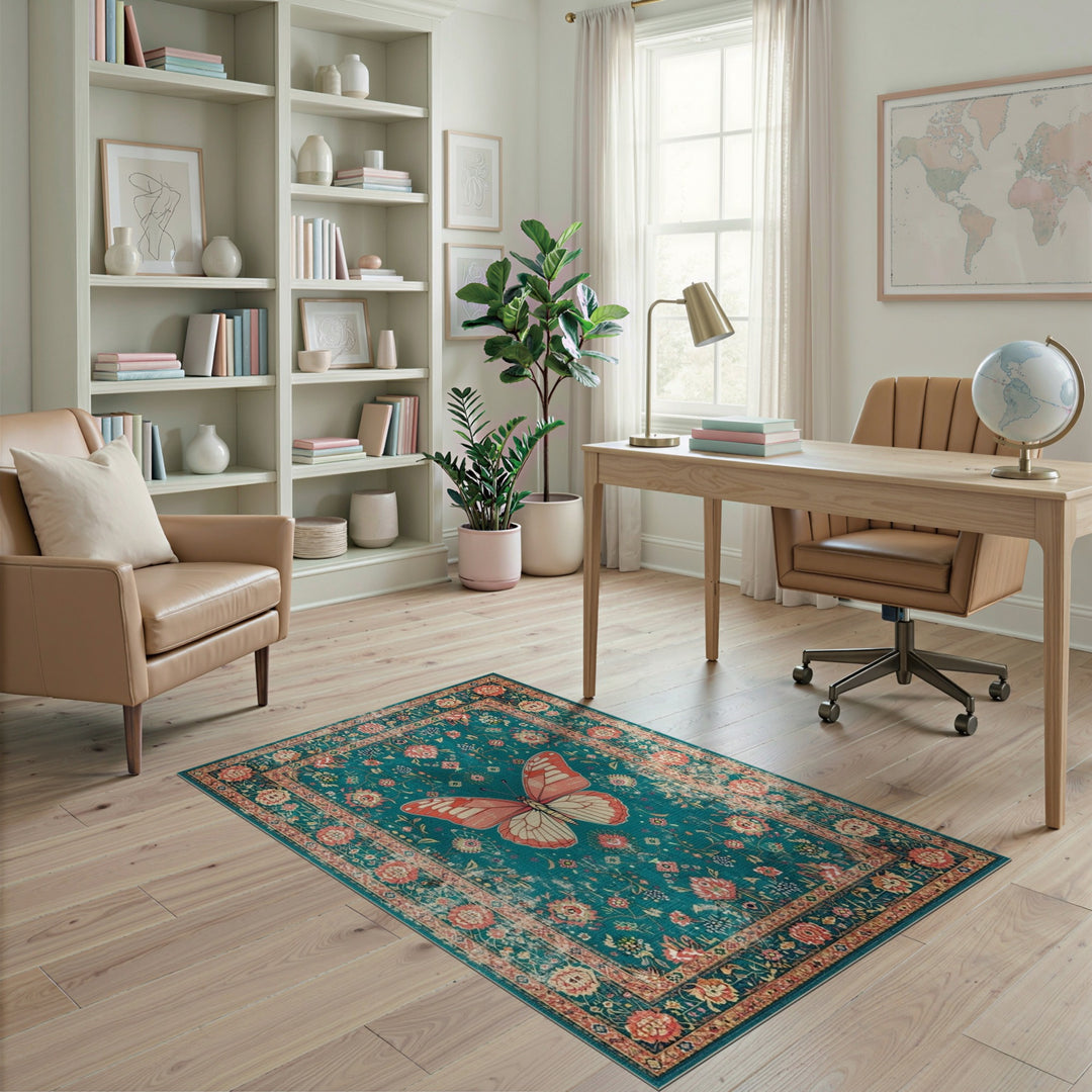 Vintage Teal Butterfly Floral Area Rug