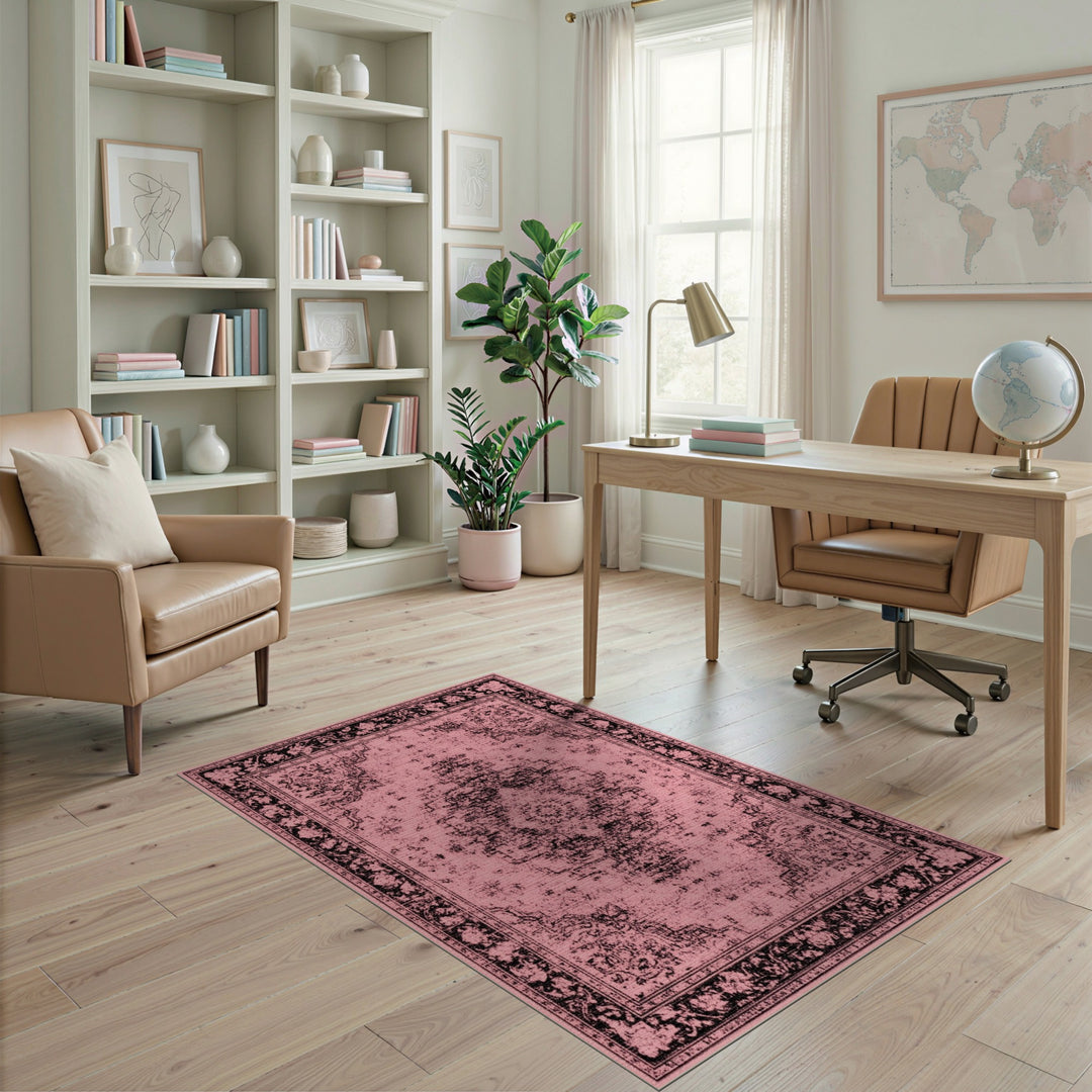 Pink Distressed Vintage Floral Medallion Rug